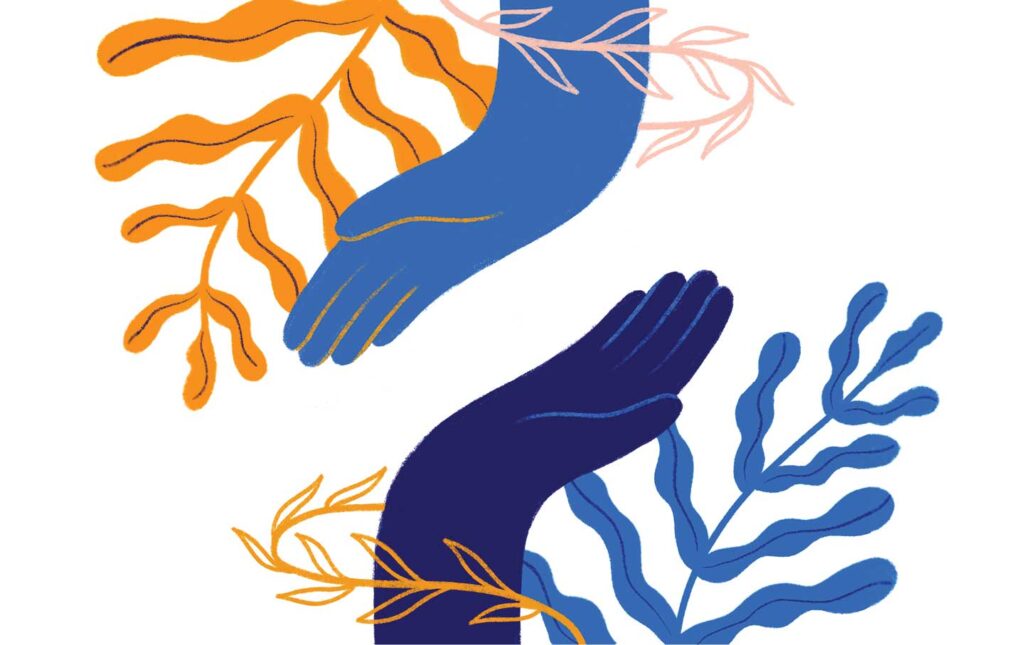 Image Description: two blue clipart hands reaching out to one another, as helping hands.