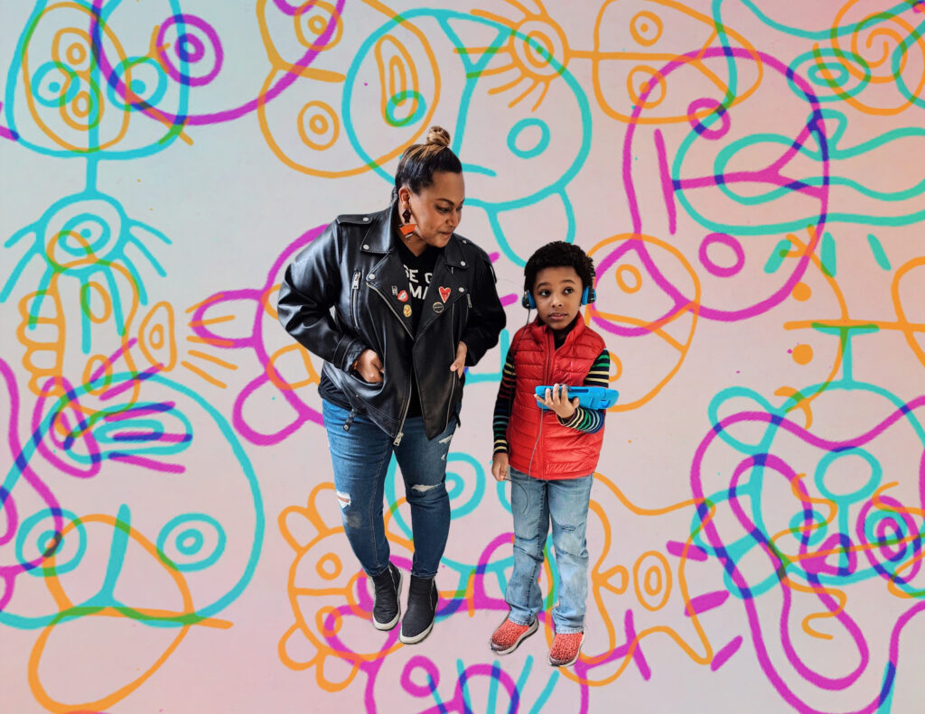 Afro-Latina Mother and Son standing next to each other. Mom is wearing her favorite black leather jacket. She has a top-knot and streaks of blond through her dark hair. She is wearing blue jeans with the knees frayed. She is also wearing her favorite black high top sneakers. She is smiling at her son. Her son is wearing a red puffer vest with a rainbow long sleeve shirt. He has an afro and is wearing blue headphones, he also wearing blue jeans and red sneakers.